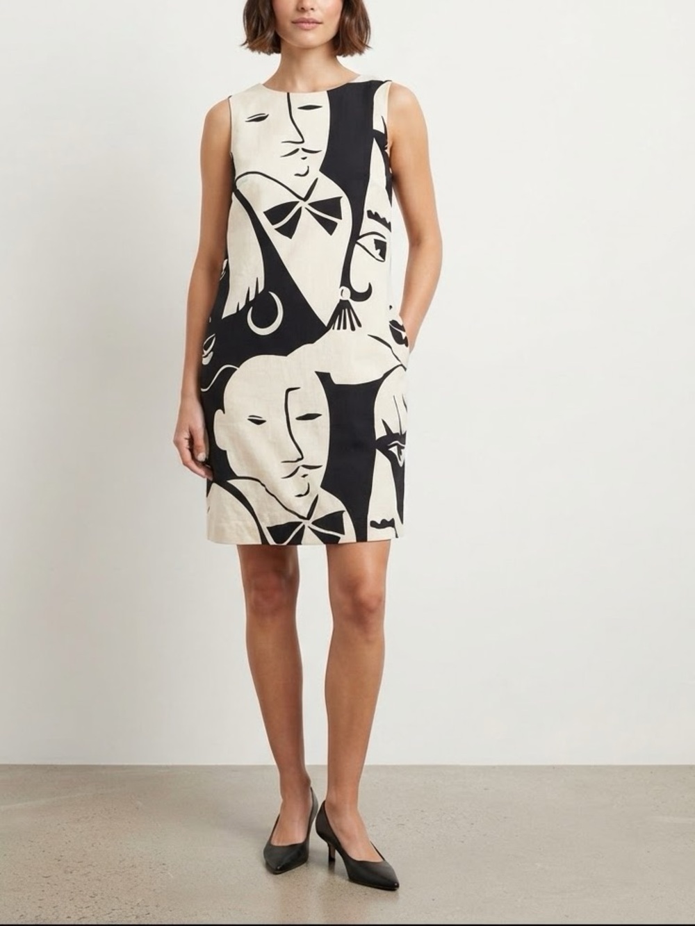 ✨ Vintage Cynthia Howie Abstract Face Art Print Shift Dress Black White Size 8❤️